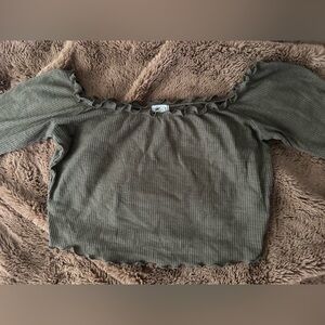 Garage Olive Ribbed Off-Shoulder longsleeve crop top
